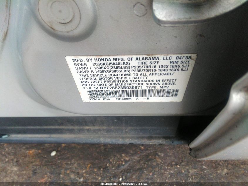 2008 Honda Pilot Ex-L VIN: 5FNYF28528B030871 Lot: 43238886