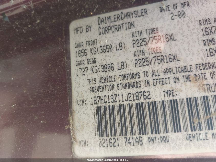 2001 Dodge Ram 1500 St VIN: 1B7HC13Z11J218762 Lot: 43238887