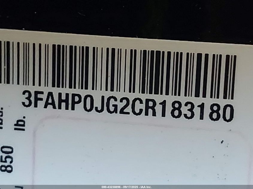 2012 Ford Fusion Sel VIN: 3FAHP0JG2CR183180 Lot: 43238896