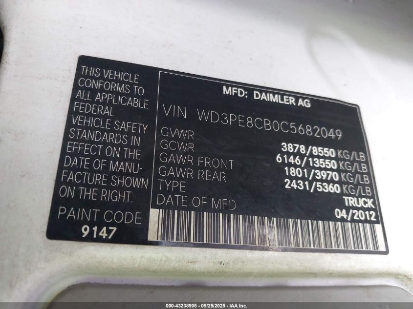 2012 Mercedes-Benz Sprinter 2500 High Roof VIN: WD3PE8CB0C5682049 Lot: 43238908