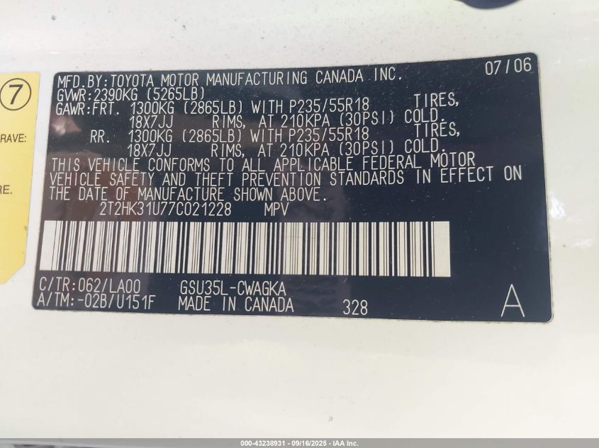 2007 Lexus Rx 350 VIN: 2T2HK31U77C021228 Lot: 43238931