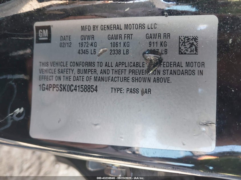 2012 Buick Verano VIN: 1G4PP5SK0C4158854 Lot: 43238946