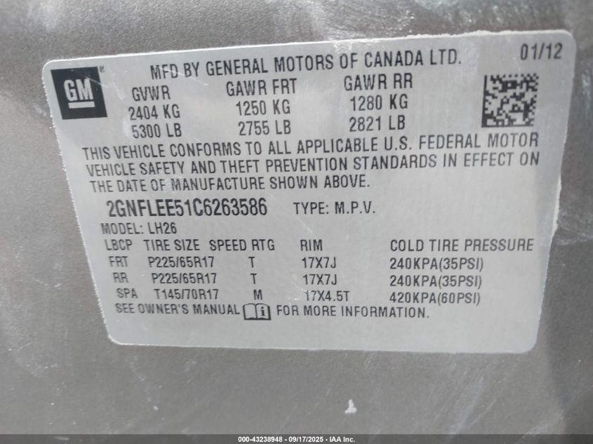 2012 Chevrolet Equinox 1Lt VIN: 2GNFLEE51C6263586 Lot: 43238948