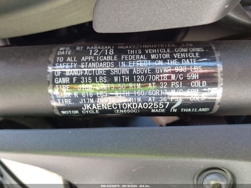 2019 Kawasaki En650 C VIN: JKAENEC10KDA02557 Lot: 43238978