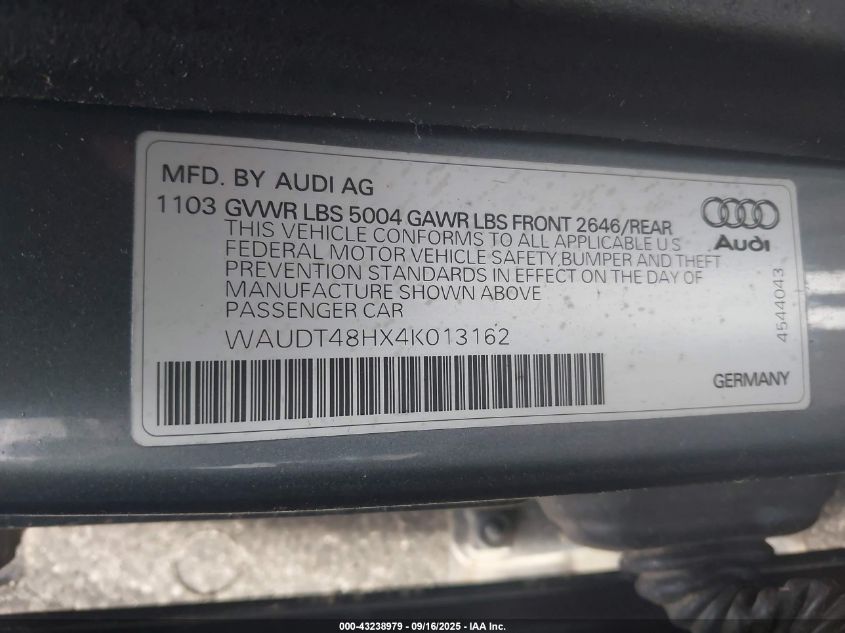 2004 Audi A4 3.0 VIN: WAUDT48HX4K013162 Lot: 43238979