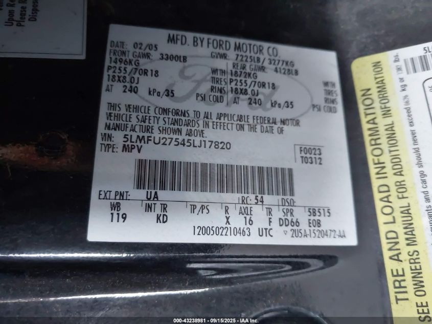 2005 Lincoln Navigator VIN: 5LMFU27545LJ17820 Lot: 43238981