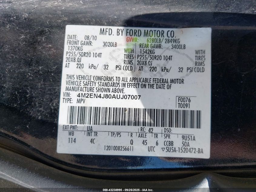 2010 Mercury Mountaineer Premier VIN: 4M2EN4J80AUJ07007 Lot: 43238995