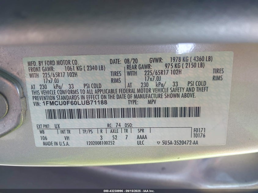 2020 Ford Escape 1.5 Silver Lot 111043238996 Vin 1FMCU0F60LUB71188