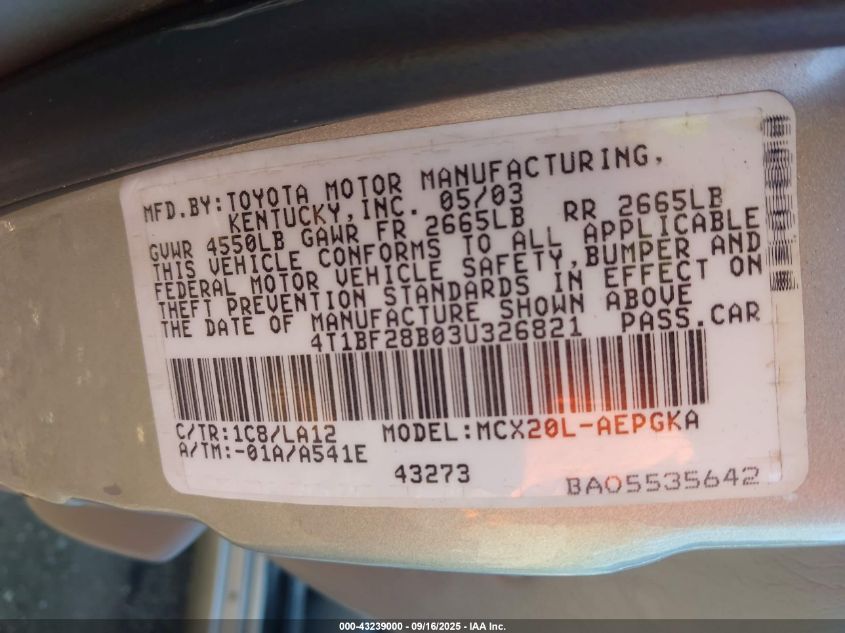 2003 Toyota Avalon Xl/Xls VIN: 4T1BF28B03U326821 Lot: 43239000