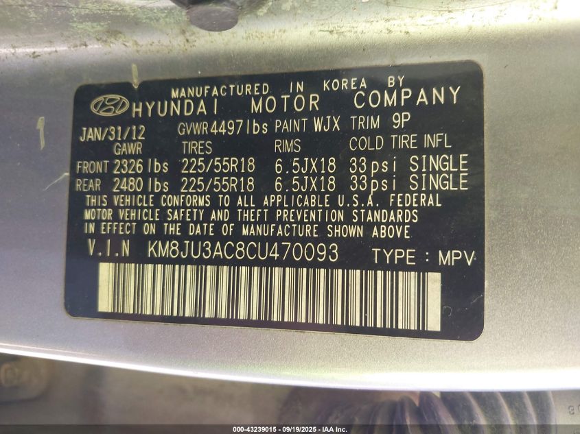 2012 Hyundai Tucson Limited VIN: KM8JU3AC8CU470093 Lot: 43239015