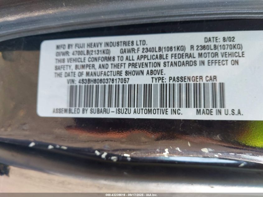 2003 Subaru Outback H6-3.0 L.l. Bean Edition VIN: 4S3BH806037617057 Lot: 43239016