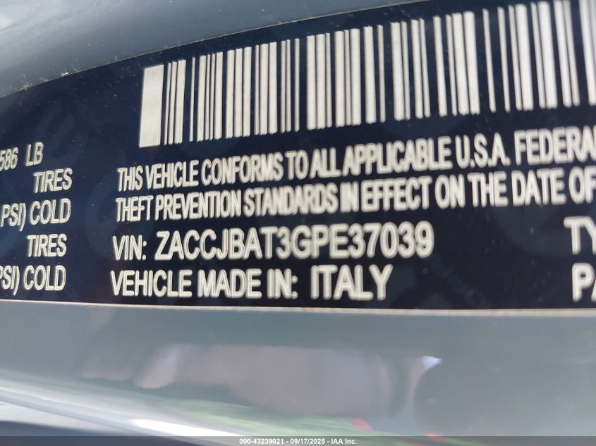 2016 Jeep Renegade Sport VIN: ZACCJBAT3GPE37039 Lot: 43239021