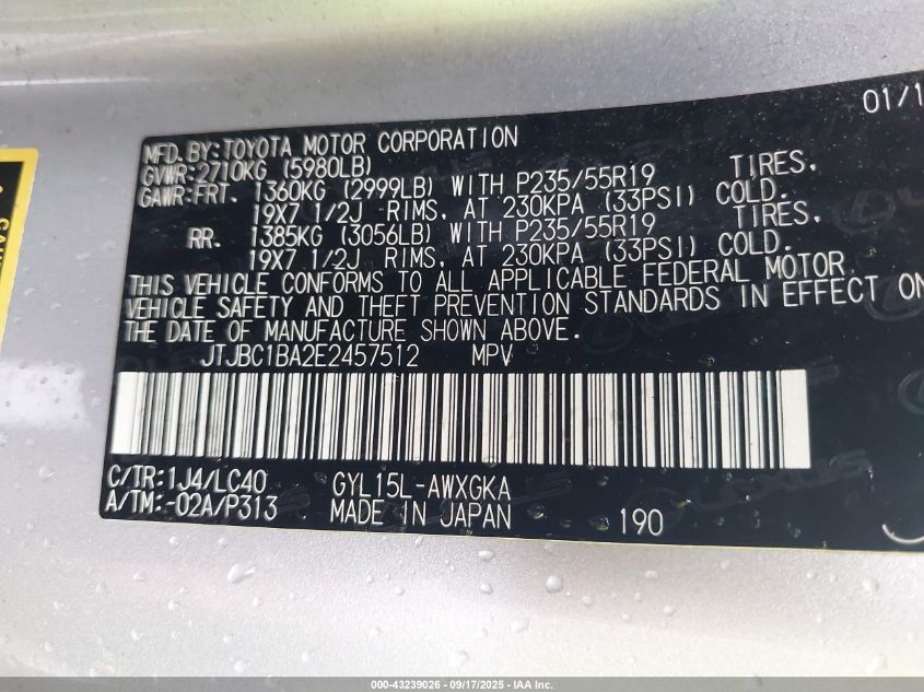 2014 Lexus Rx 450H VIN: JTJBC1BA2E2457512 Lot: 43239026