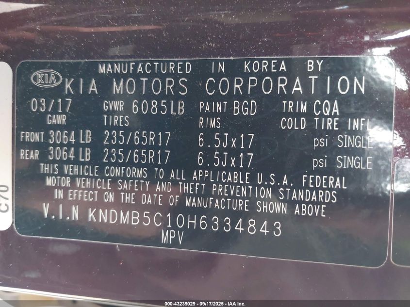 2017 Kia Sedona Lx VIN: KNDMB5C10H6334843 Lot: 43239029