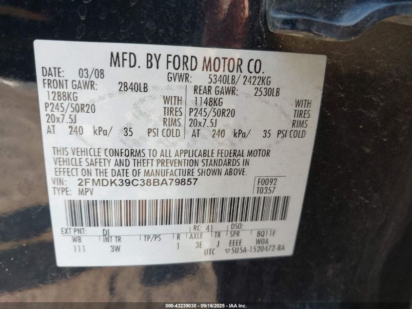 2008 Ford Edge Limited VIN: 2FMDK39C38BA79857 Lot: 43239030