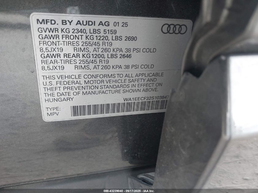 2025 Audi Q3 Premium 45 Tfsi S Line Quattro Tiptronic VIN: WA1EECF32S1038475 Lot: 43239040