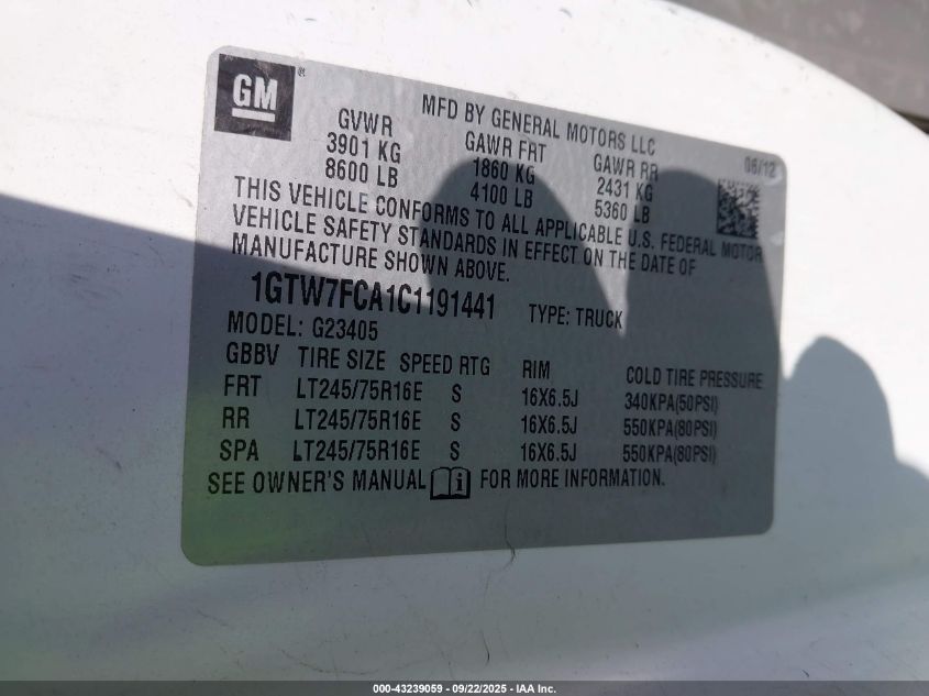 2012 GMC Savana 2500 Work Van VIN: 1GTW7FCA1C1191441 Lot: 43239059