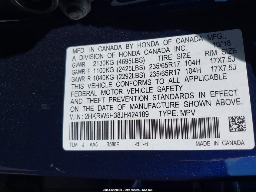 2018 HONDA CR-V LX - 2HKRW5H38JH424189