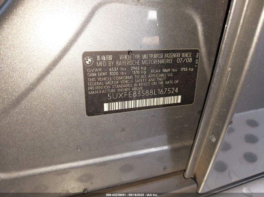 2008 BMW X5 4.8I VIN: 5UXFE83588L167524 Lot: 43239091