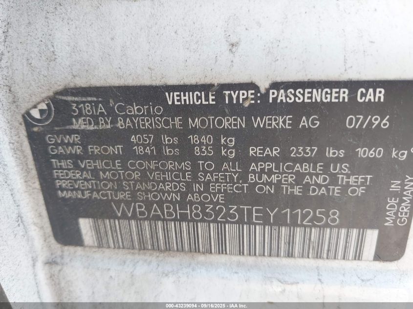 1996 BMW 318 Ic Automatic VIN: WBABH8323TEY11258 Lot: 43239094