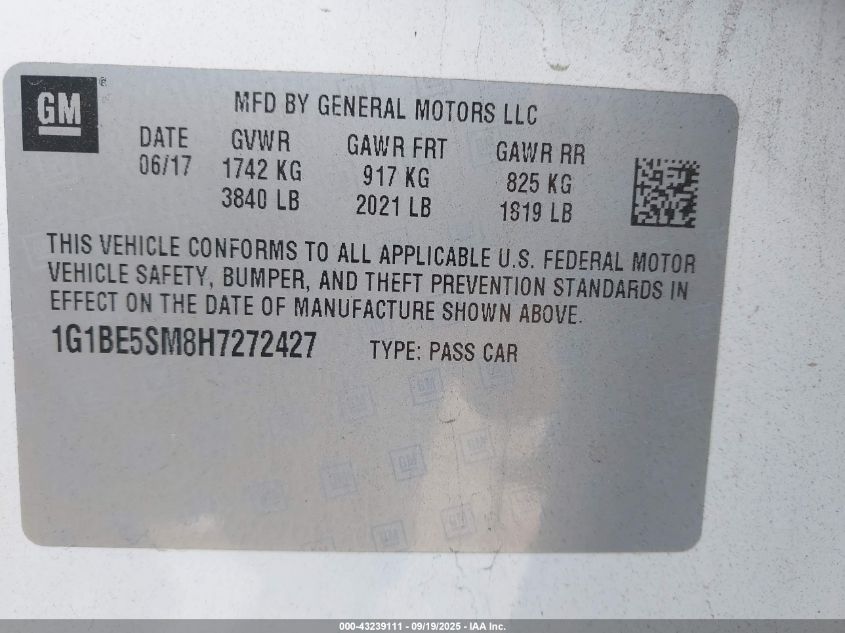 2017 Chevrolet Cruze Lt VIN: 1G1BE5SM8H7272427 Lot: 43239111