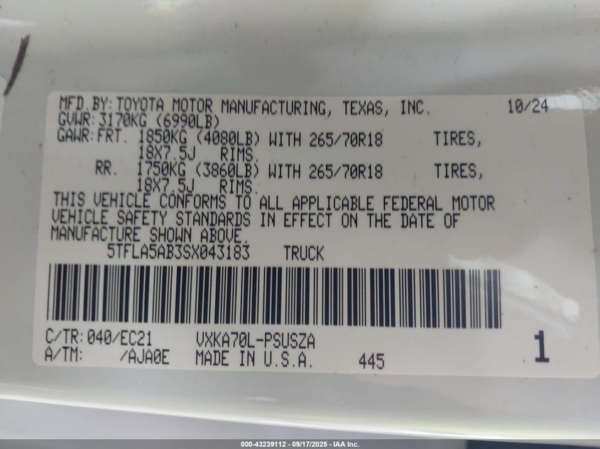 2025 TOYOTA TUNDRA SR5 2WD - 5TFLA5AB3SX043183