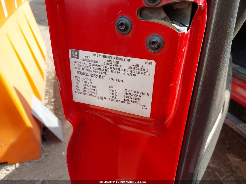 2002 Chevrolet Silverado 2500Hd Ls VIN: 1GCHK23U22F244577 Lot: 43239114