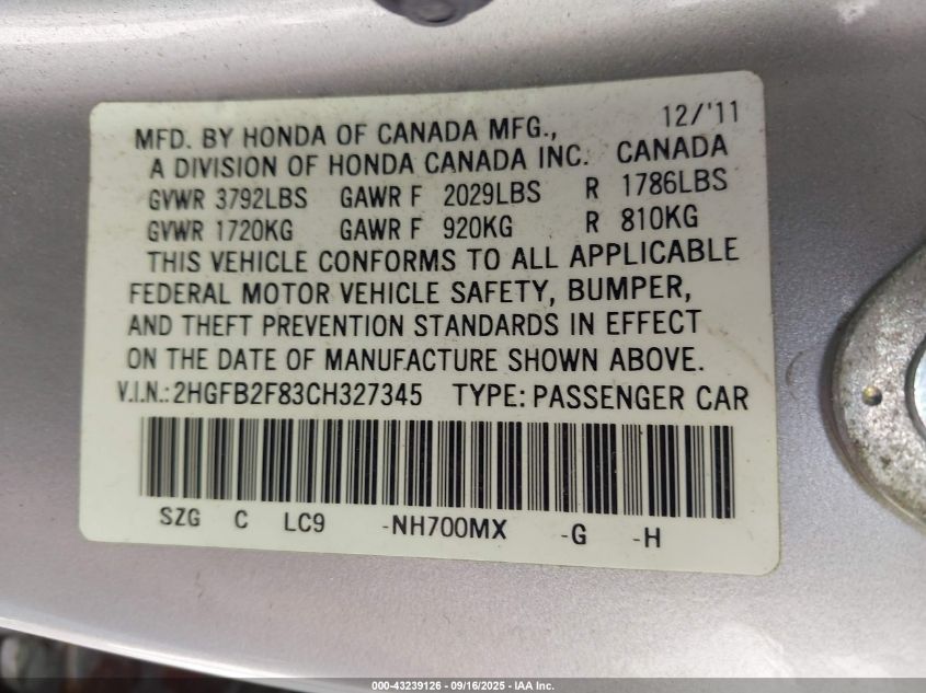 2012 Honda Civic Ex VIN: 2HGFB2F83CH327345 Lot: 43239126