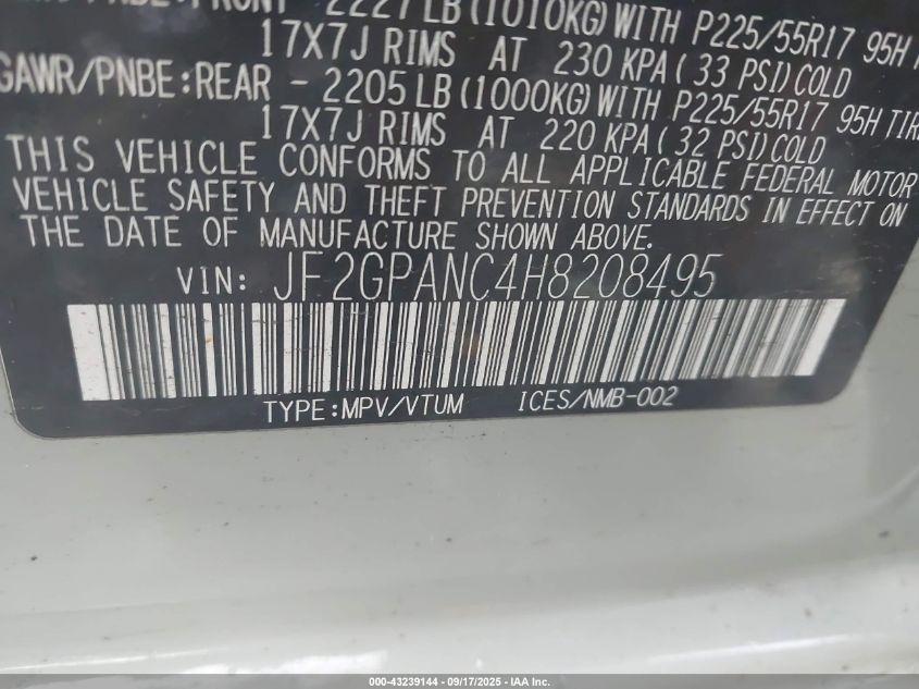 2017 Subaru Crosstrek 2.0I Limited VIN: JF2GPANC4H8208495 Lot: 43239144