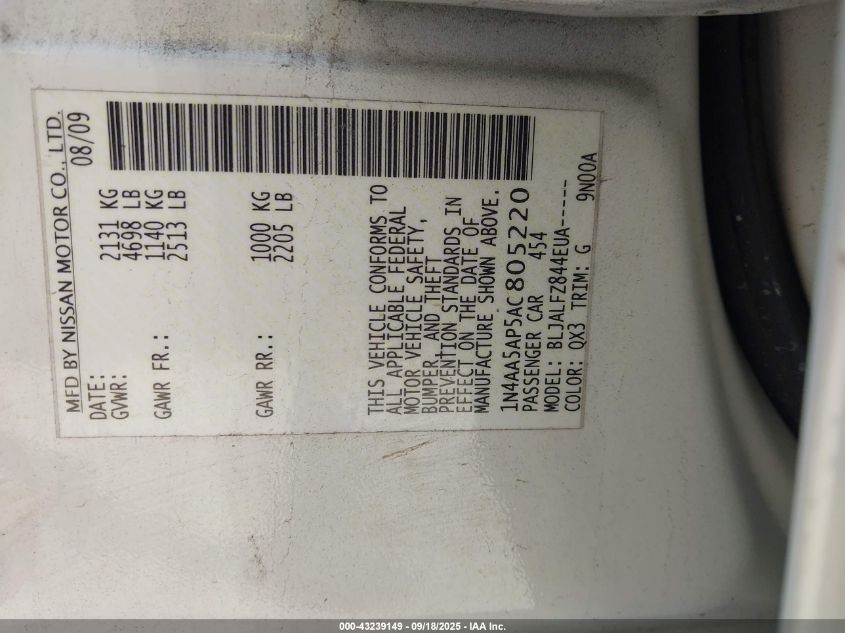 2010 Nissan Maxima 3.5 Sv VIN: 1N4AA5AP5AC805220 Lot: 43239149