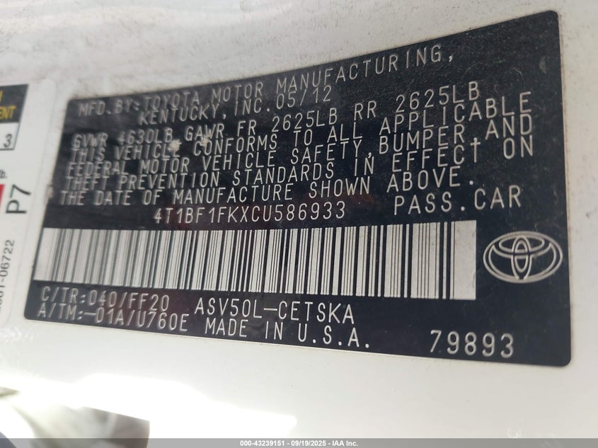 2012 Toyota Camry Se VIN: 4T1BF1FKXCU586933 Lot: 43239151