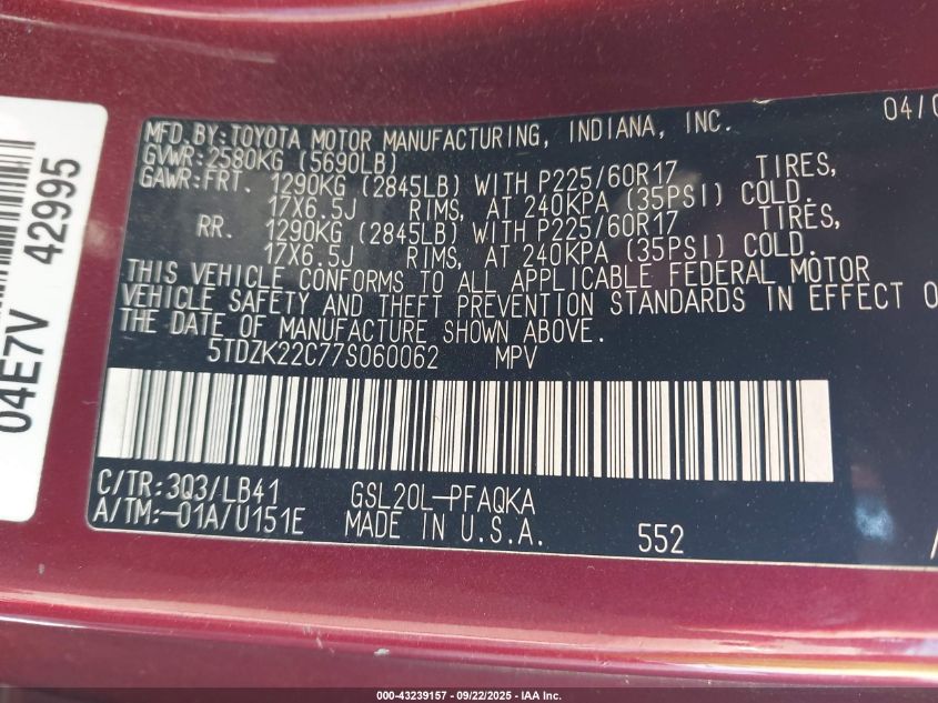 2007 Toyota Sienna Xle VIN: 5TDZK22C77S060062 Lot: 43239157