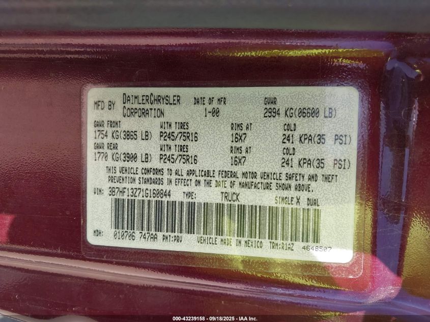 2001 Dodge Ram 1500 St VIN: 3B7HF13Z71G160844 Lot: 43239158