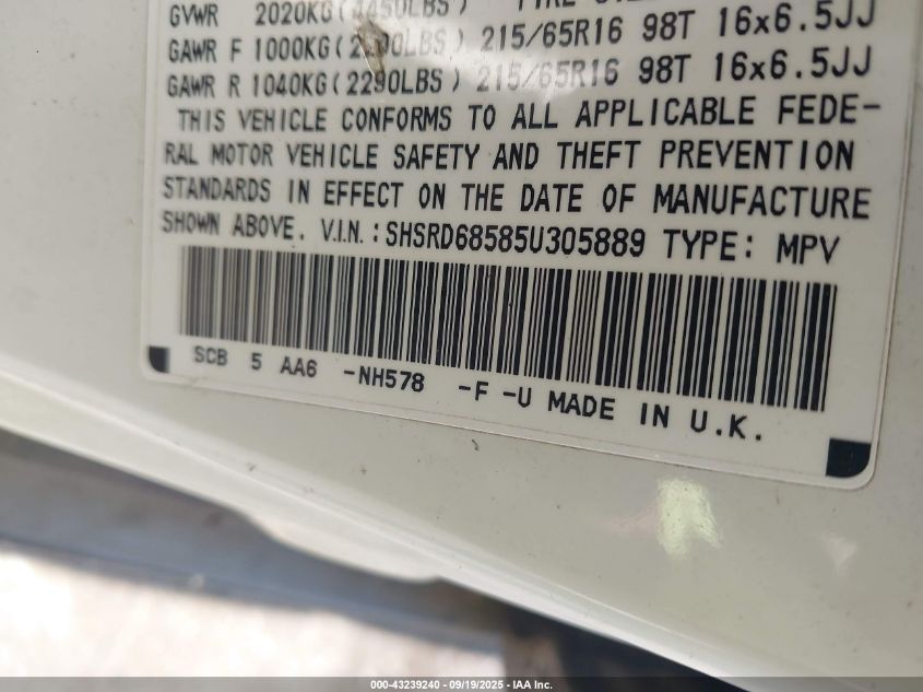 2005 Honda Cr-V Lx VIN: SHSRD68585U305889 Lot: 43239240