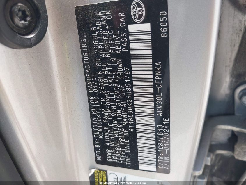 2004 Toyota Camry Le VIN: 4T1BE30K24U851787 Lot: 43239244