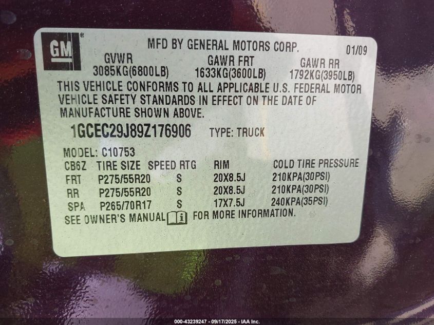 2009 Chevrolet Silverado 1500 Lt VIN: 1GCEC29J89Z176906 Lot: 43239247