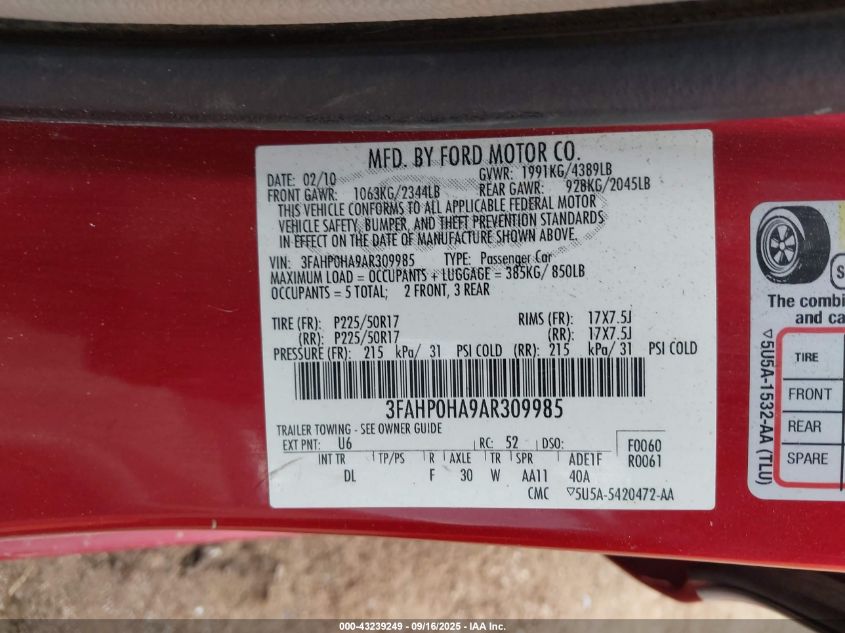 2010 Ford Fusion Se VIN: 3FAHP0HA9AR309985 Lot: 43239249