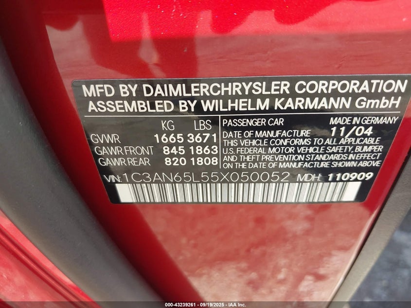 2005 Chrysler Crossfire Limited VIN: 1C3AN65L55X050052 Lot: 43239261