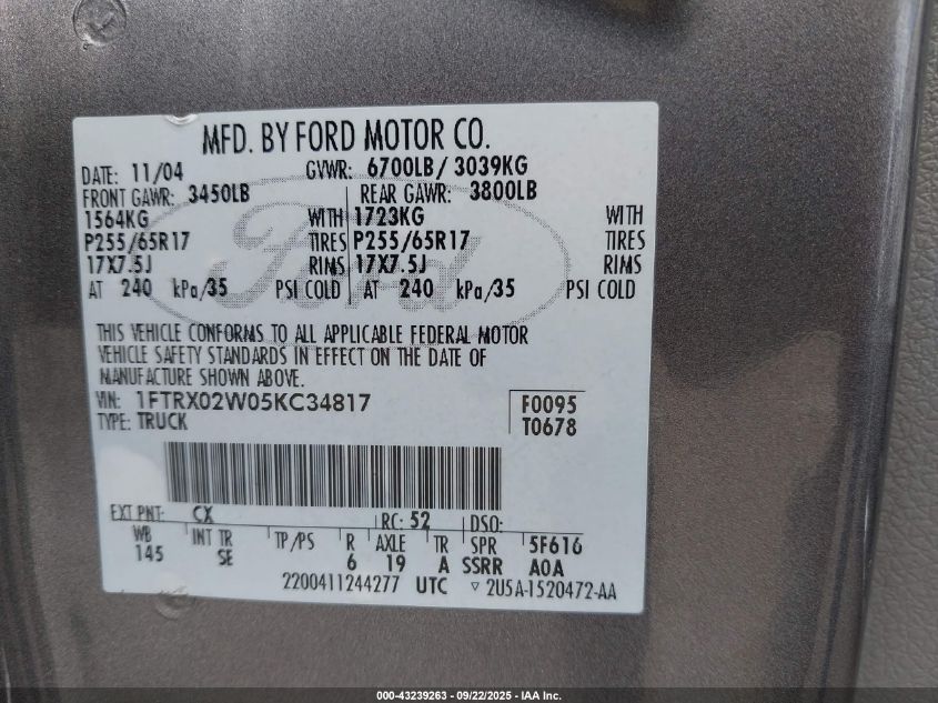2005 Ford F-150 Stx/Xlt VIN: 1FTRX02W05KC34817 Lot: 43239263