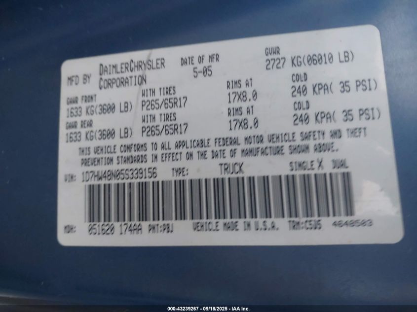2005 Dodge Dakota Slt VIN: 1D7HW48N05S339156 Lot: 43239267