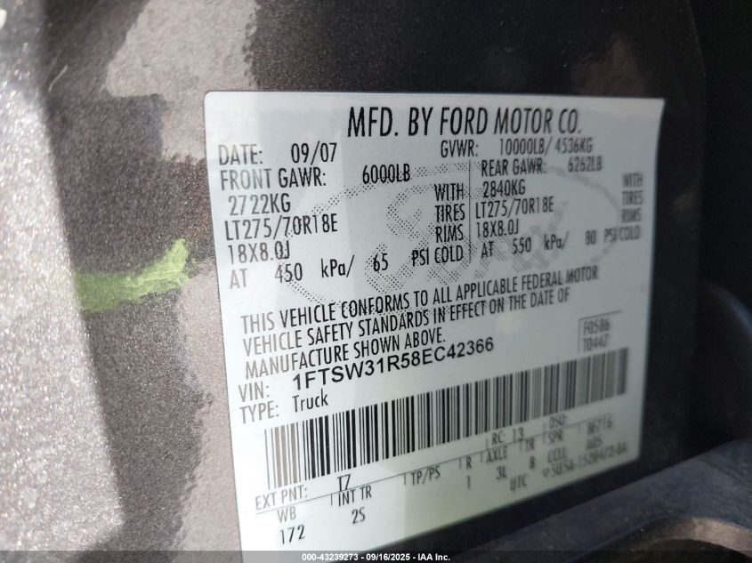 2008 Ford F-350 Fx4/Harley-Davidson/King Ranch/Lariat/Xl/Xlt VIN: 1FTSW31R58EC42366 Lot: 43239273