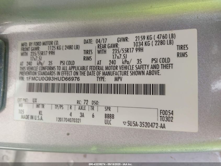 2017 Ford Escape Se VIN: 1FMCU0G93HUD66976 Lot: 43239274