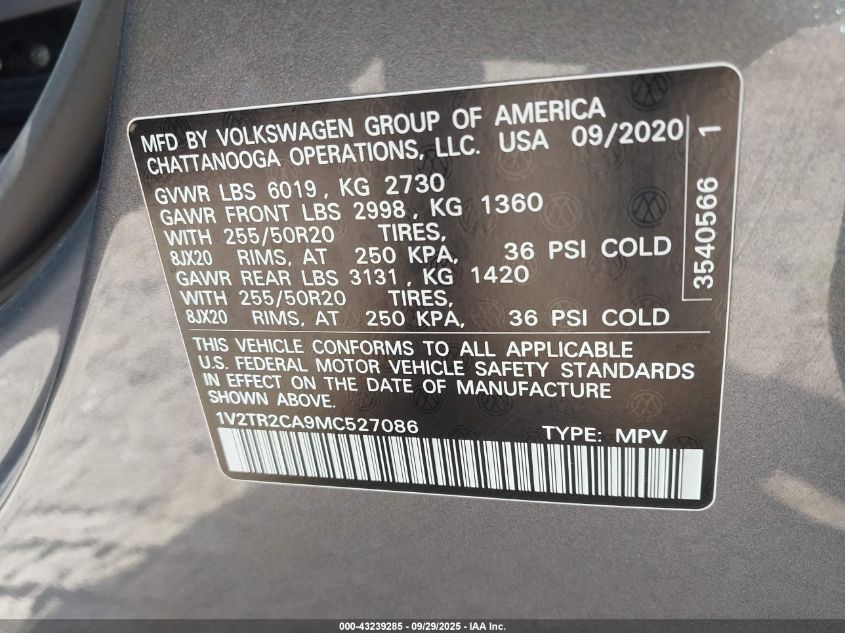 2021 Volkswagen Atlas 3.6L V6 Sel Premium VIN: 1V2TR2CA9MC527086 Lot: 43239285