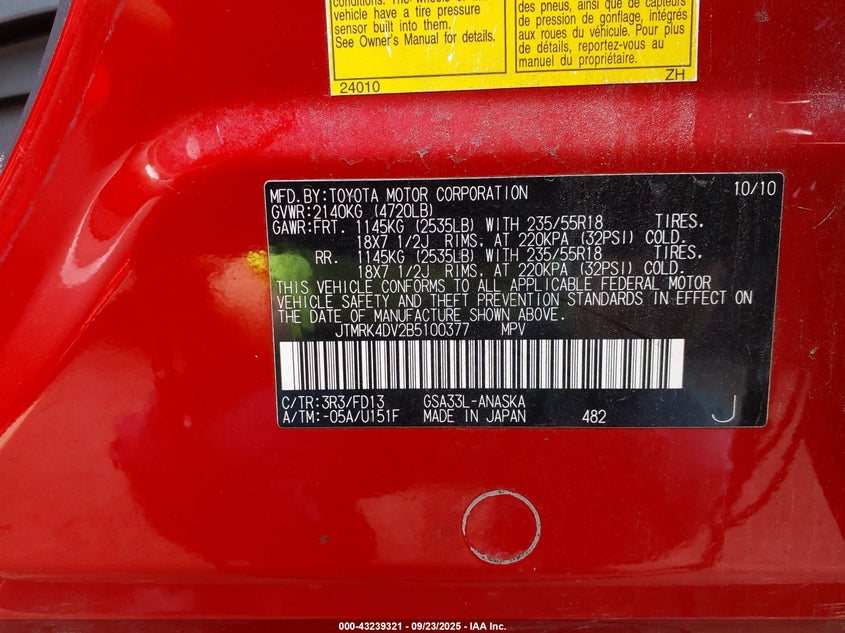 2011 Toyota Rav4 Sport V6 VIN: JTMRK4DV2B5100377 Lot: 43239321