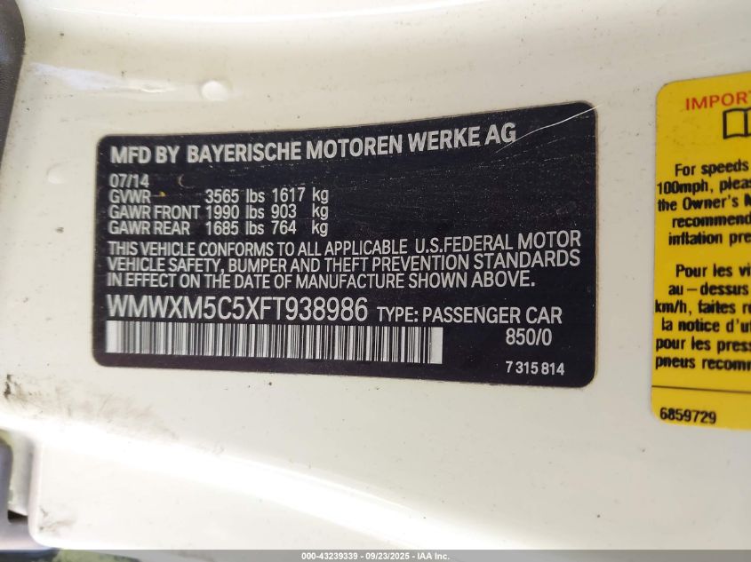 2015 Mini Hardtop Cooper VIN: WMWXM5C5XFT938986 Lot: 43239339