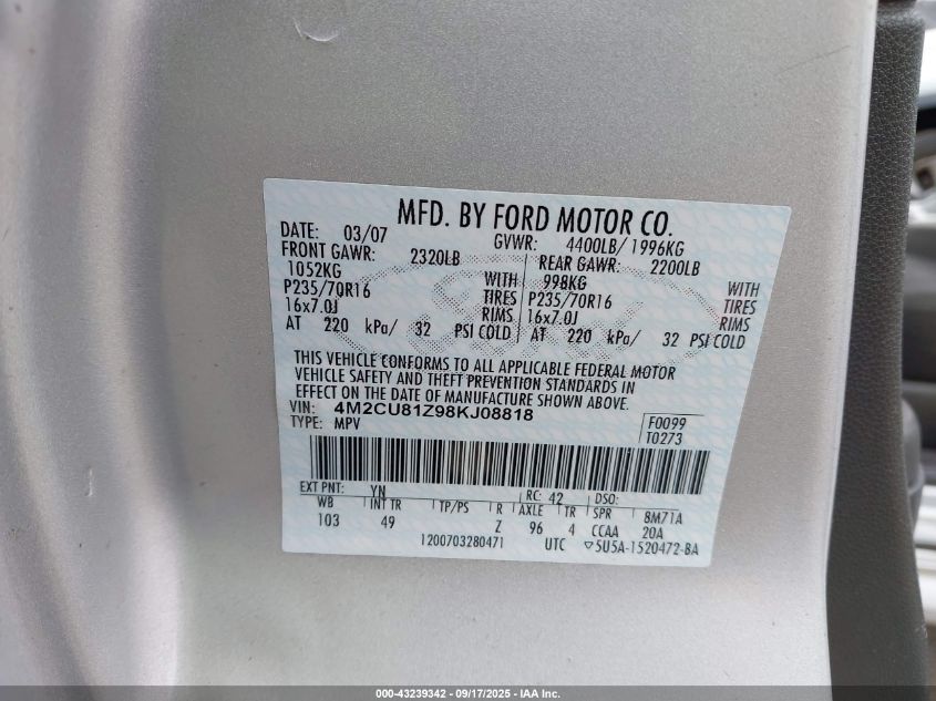 2008 Mercury Mariner I4 VIN: 4M2CU81Z98KJ08818 Lot: 43239342