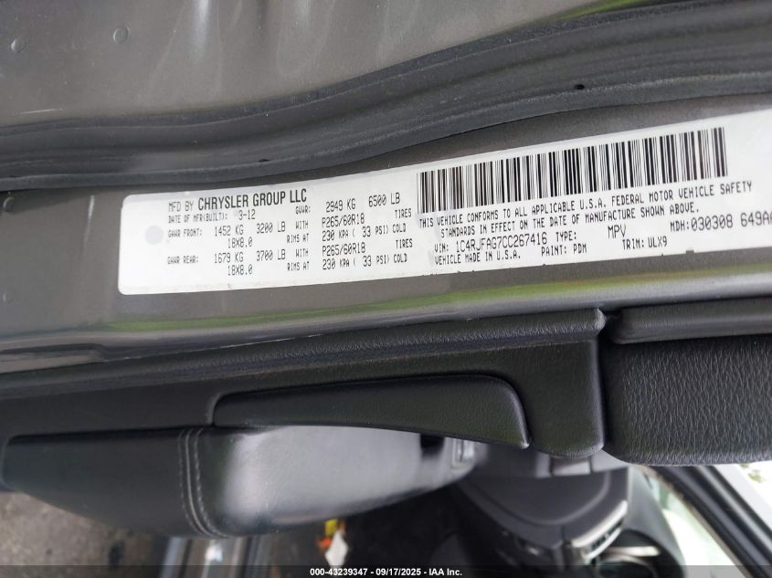 2012 Jeep Grand Cherokee Laredo VIN: 1C4RJFAG7CC267416 Lot: 43239347