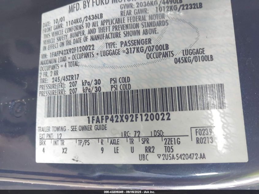 2002 Ford Mustang Gt VIN: 1FAFP42X92F120022 Lot: 43239349