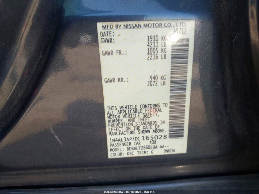 2013 Nissan Altima 2.5 Sv VIN: 1N4AL3AP7DC165028 Lot: 43239352