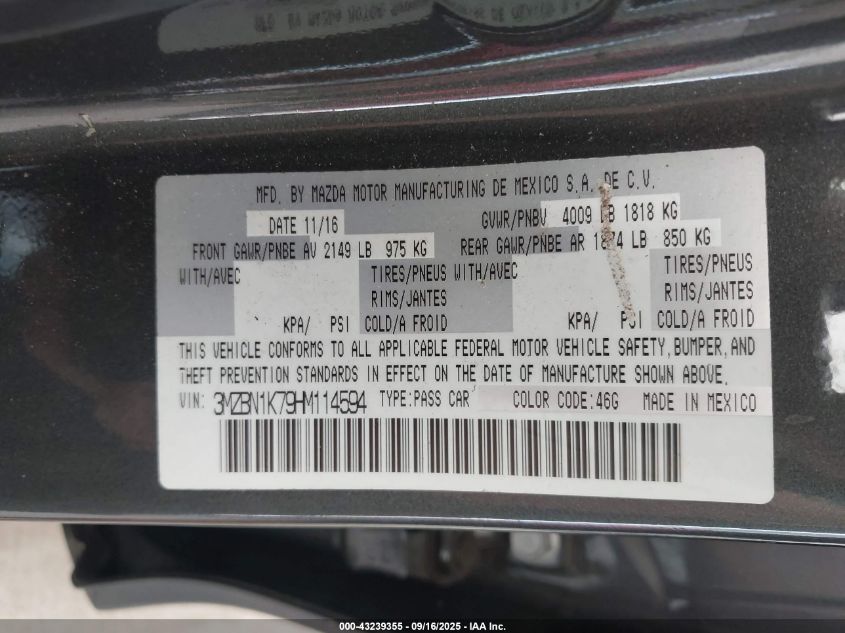 2017 Mazda Mazda3 Sport VIN: 3MZBN1K79HM114594 Lot: 43239355